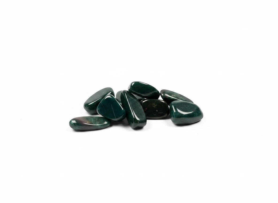 Treasured Energies polished natural bloodstone tumbled gemstones with deep green colour and red inclusions on white background
