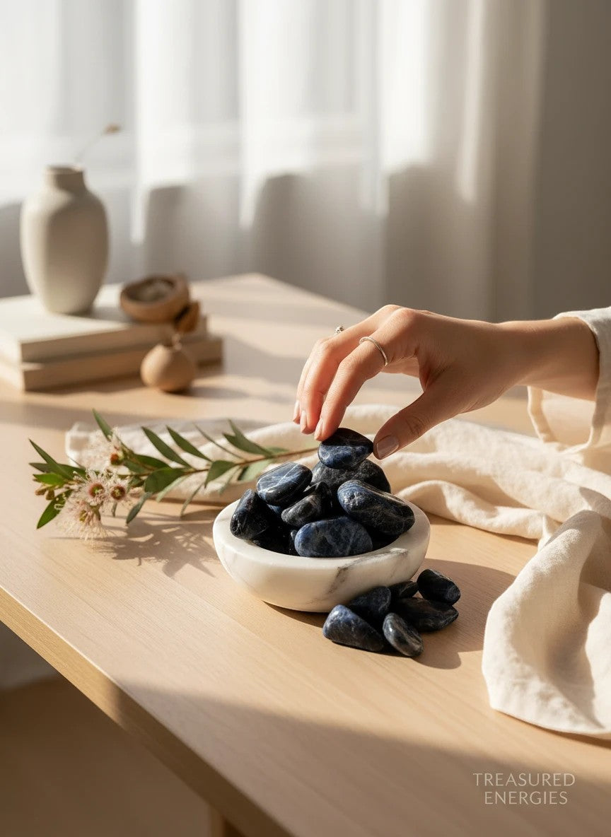Treasured Energies polished blue sodalite tumbled stones in a marble bowl held by a hand on a sunlit wooden table.