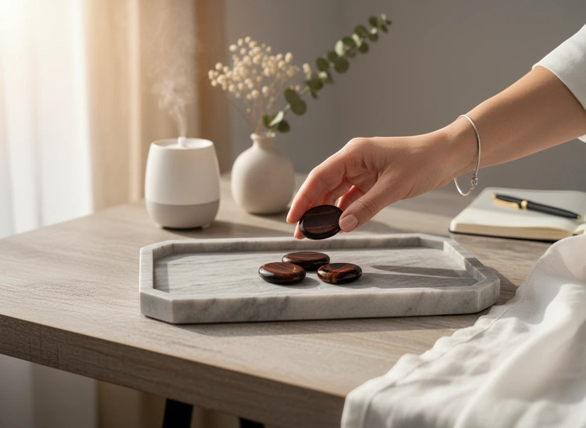 Treasured Energies red tiger's eye worry stones on a marble tray with a hand holding one, set on a desk with a diffuser.