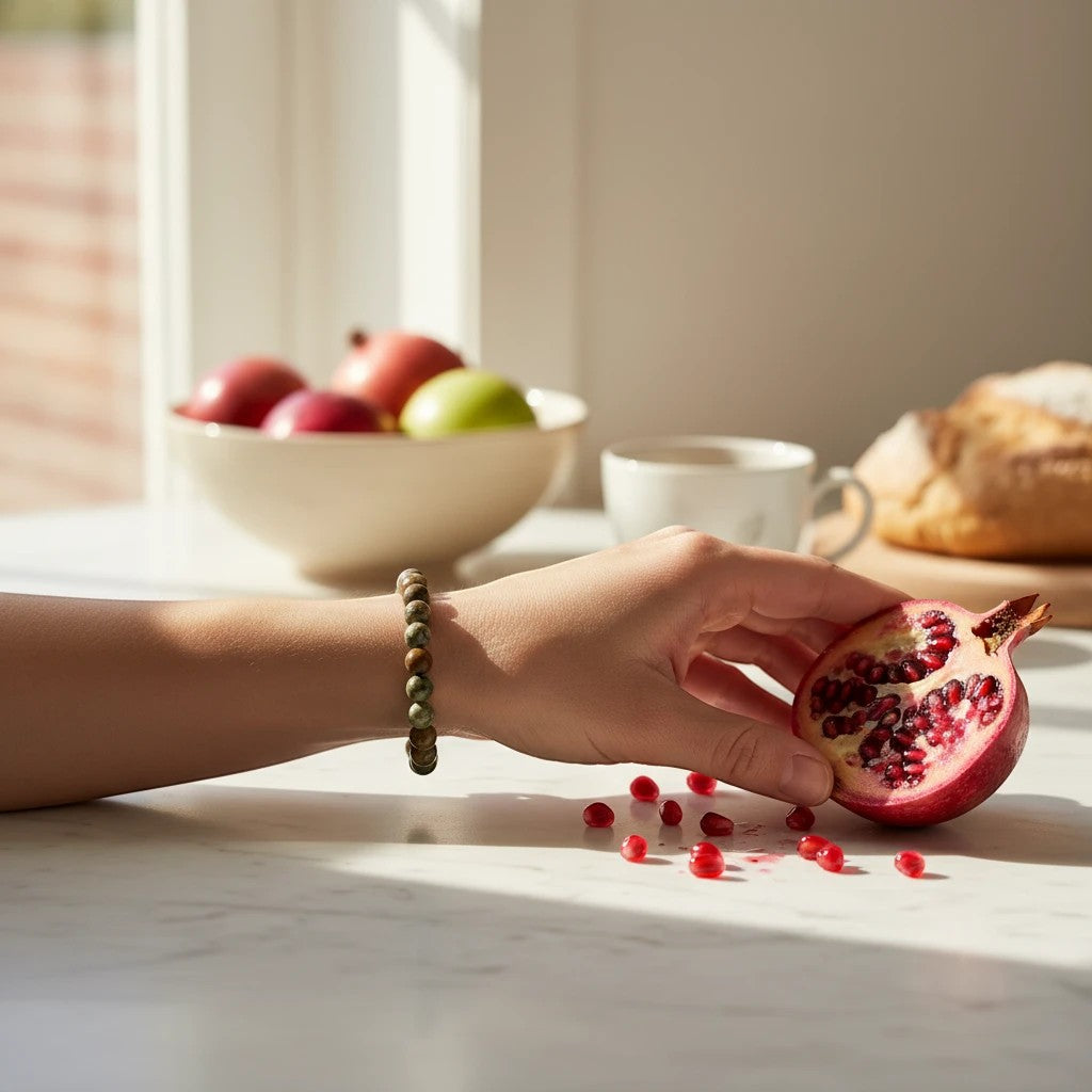 Treasured Energies natural rhyolite beaded elastic bracelet worn on a wrist next to a halved pomegranate