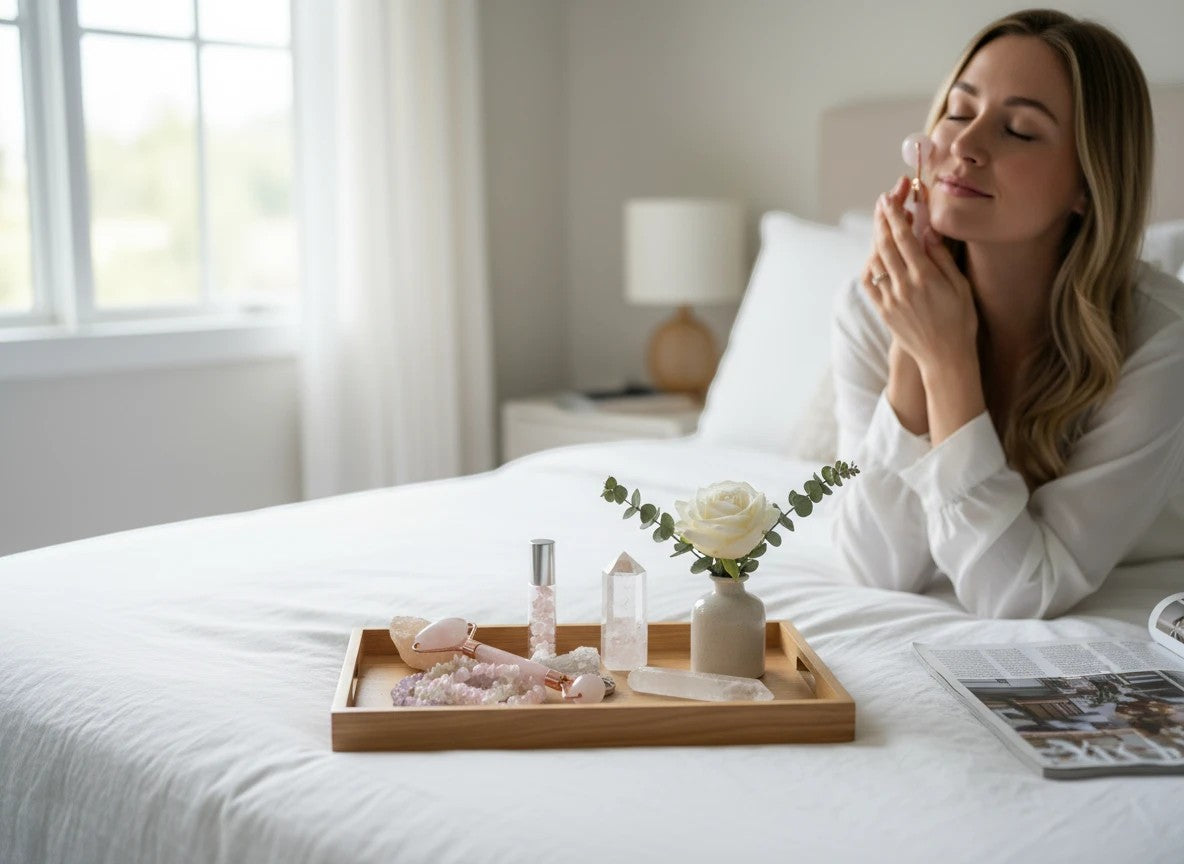 Treasured Energies rose quartz face roller set with crystals and a white rose on a wooden tray in a bedroom.