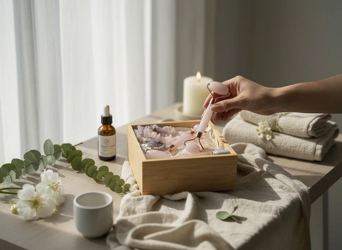 Treasured Energies rose quartz face roller set in a bamboo box with a candle and eucalyptus on a sunlit table