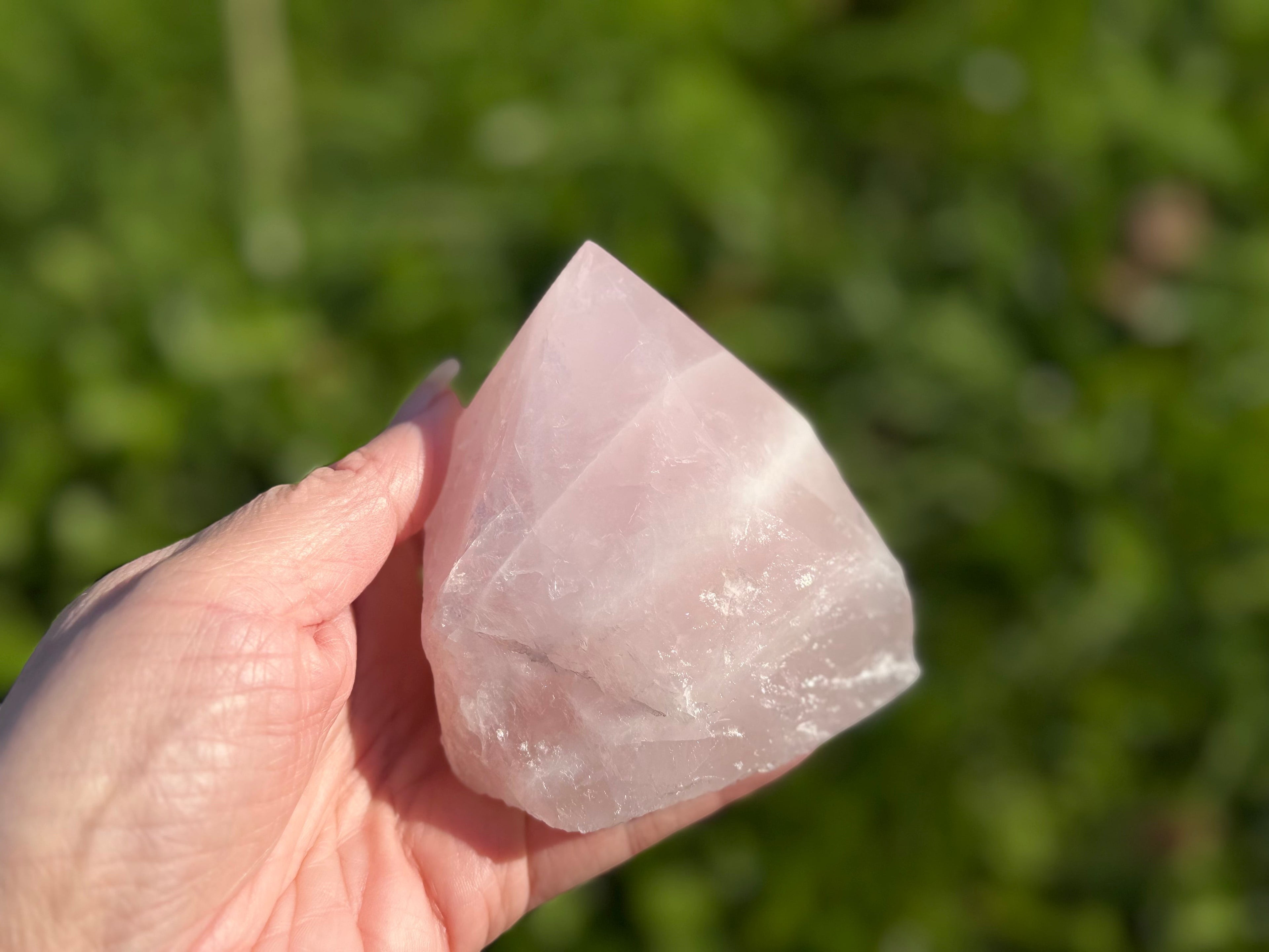 Treasured Energies medium rose quartz crystal point with a polished tip and raw base held in a hand outdoors.