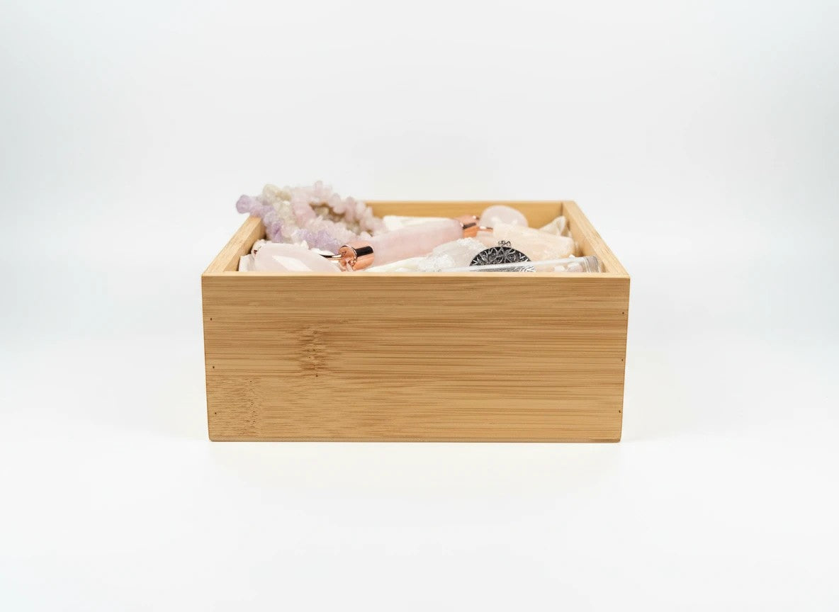 Treasured Energies rose quartz face roller and crystal gift set in a wooden box