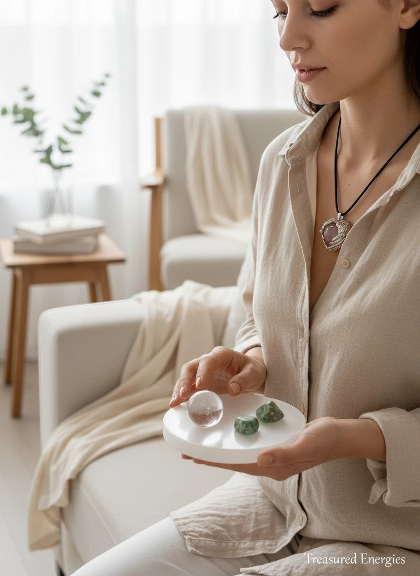 Treasured Energies rose quartz heart crystal necklace with silver wings worn by a woman holding small stones