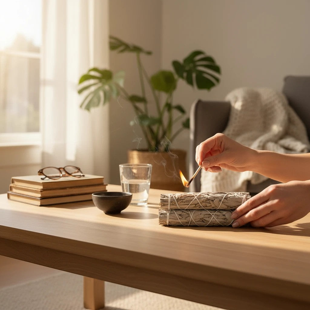Treasured Energies sage sticks being lit with a match on a wooden table in a sunlit living room