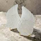 Treasured Energies white selenite crystal angel wings pair displayed on gold metal stands on a stone surface.