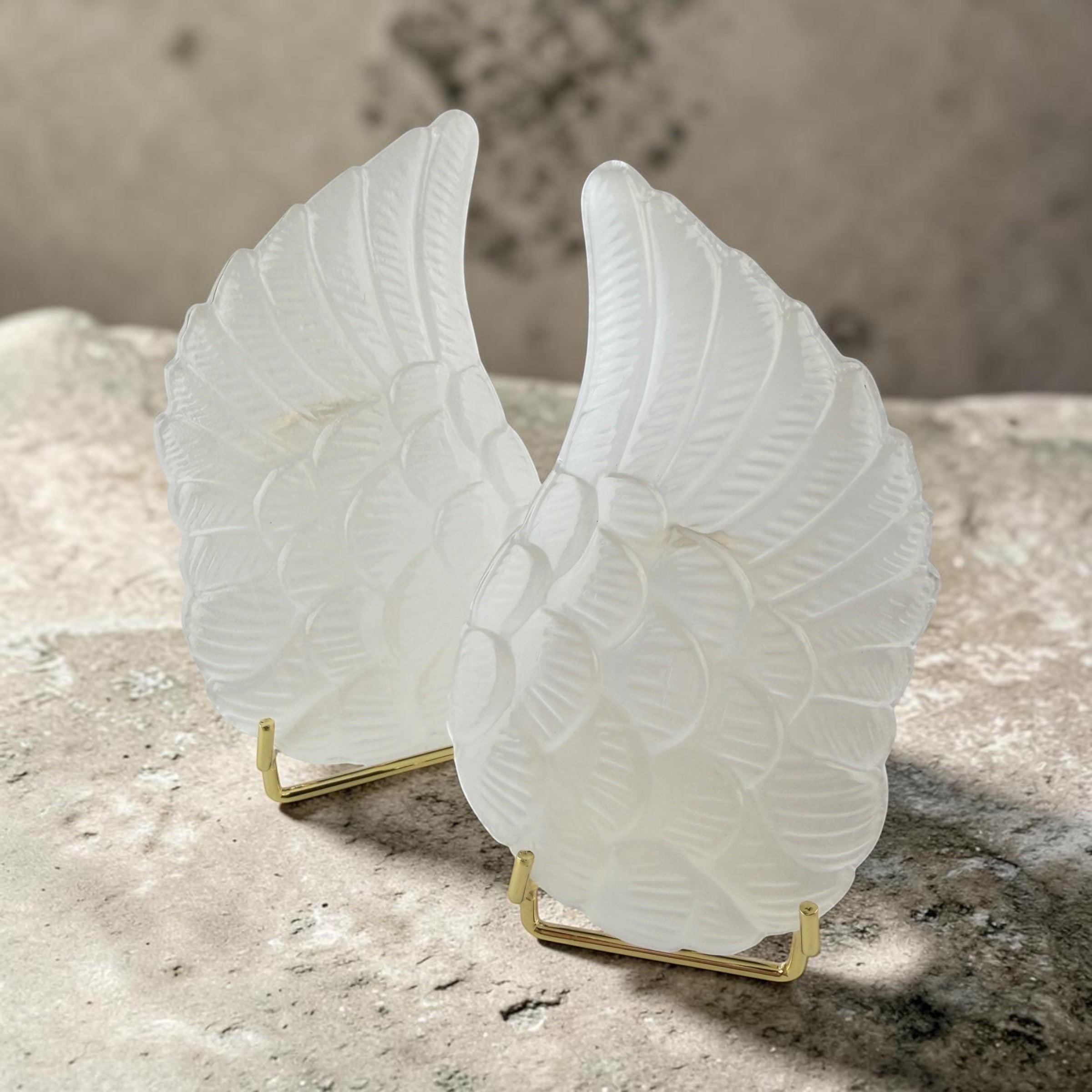 Treasured Energies white selenite crystal angel wings pair displayed on gold metal stands on a stone surface.