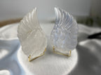 Treasured Energies pair of carved white selenite angel wings on gold metal stands for spiritual home decor