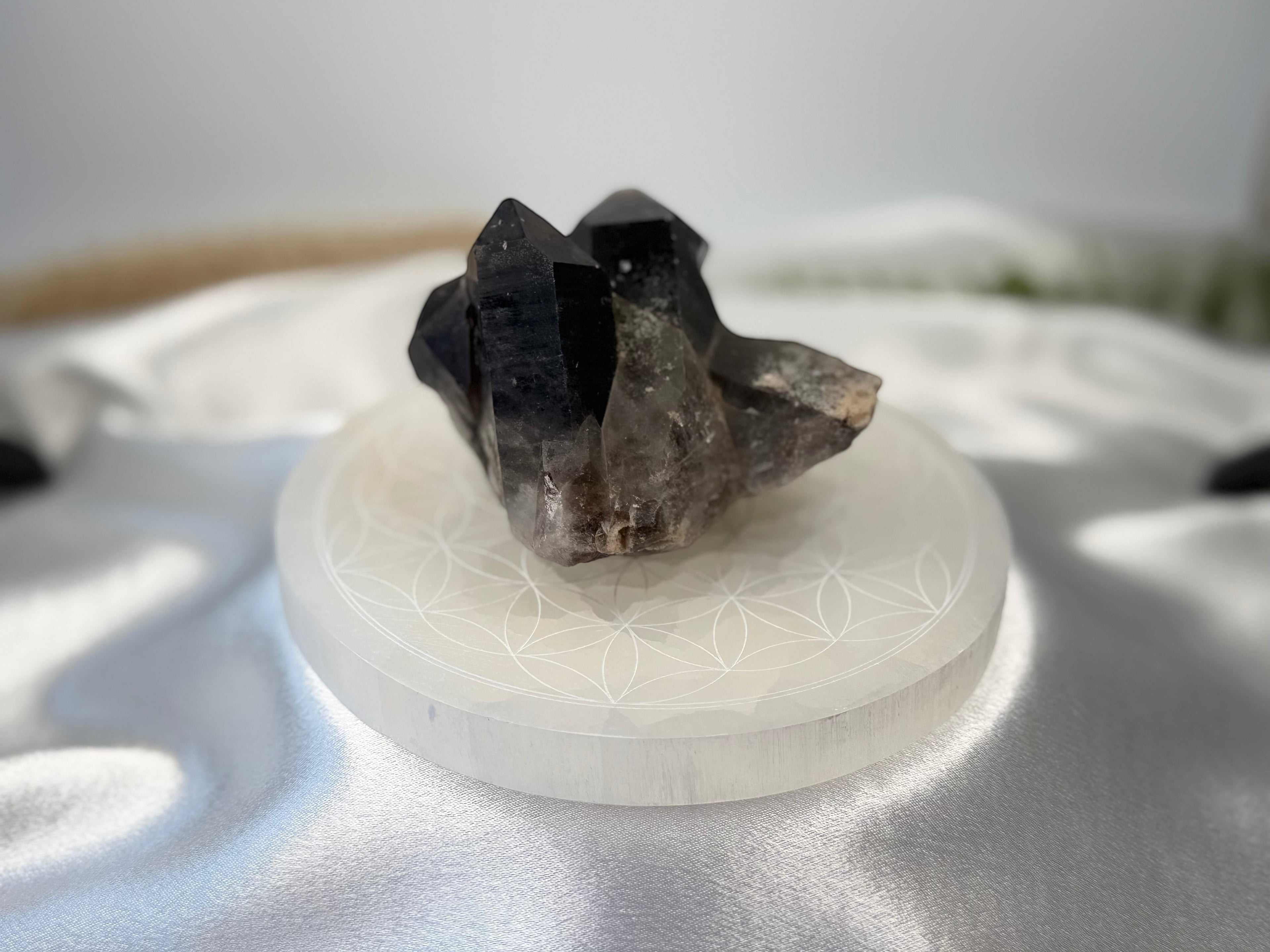 Treasured Energies round white selenite charging plate with sacred geometry engraving holding a dark smoky quartz crystal