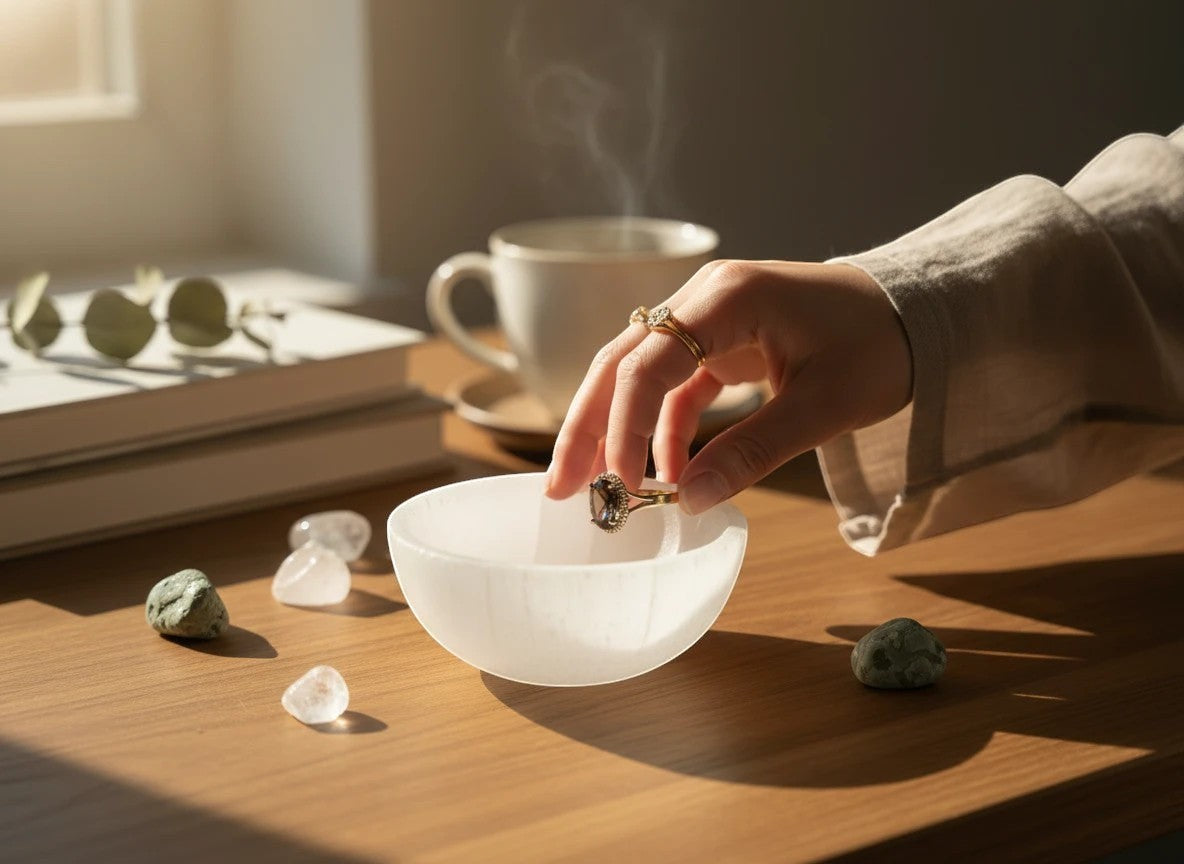Treasured Energies hand carved white selenite crystal bowl on a wooden table with rings and small stones