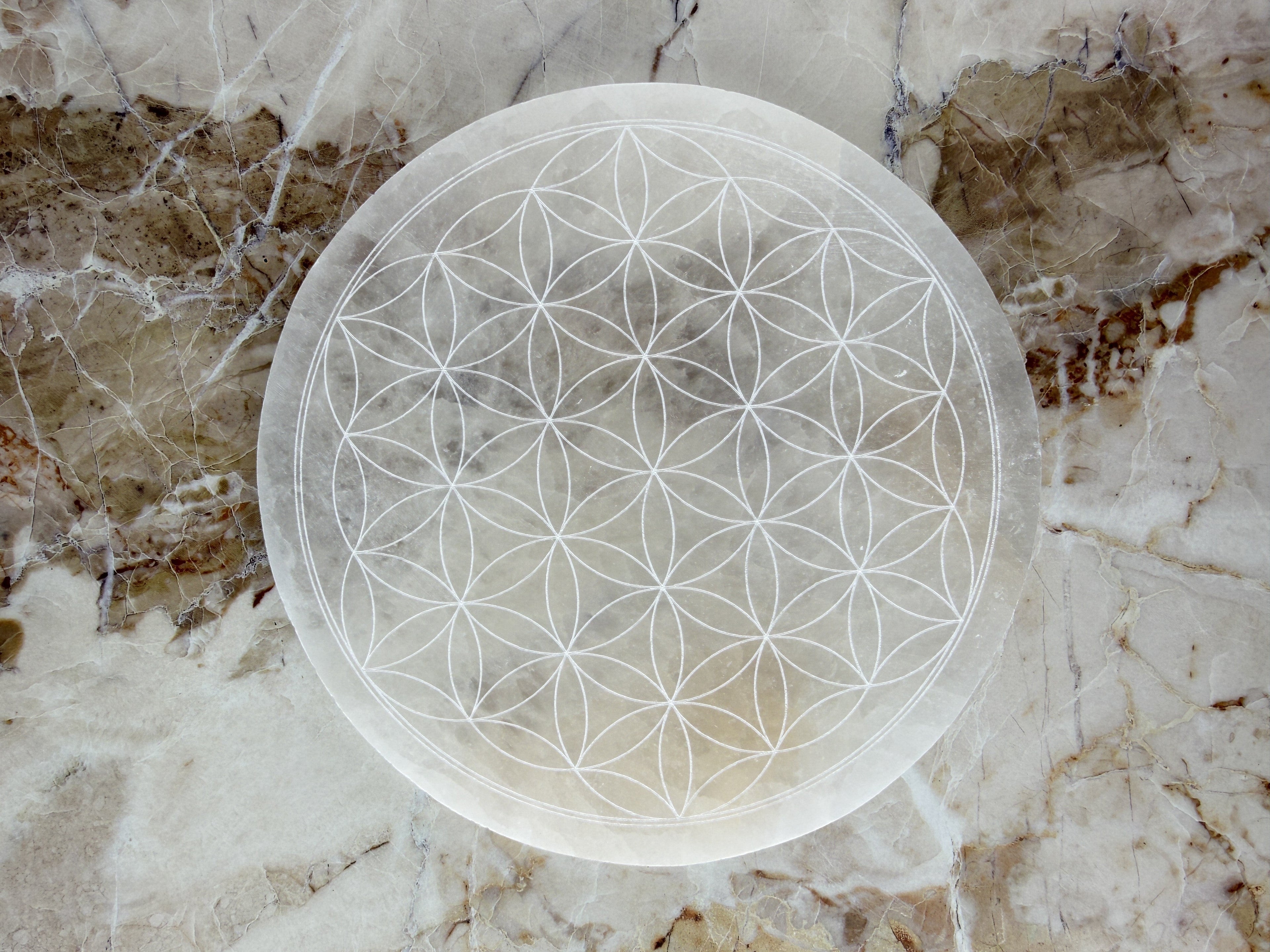 Treasured Energies round white selenite charging plate with an intricate laser-engraved flower of life pattern.