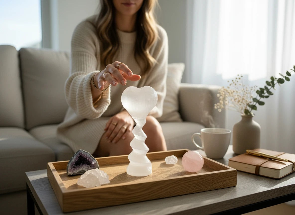 Treasured Energies white selenite crystal heart sculpture on a wooden tray with other crystals and a woman in the back