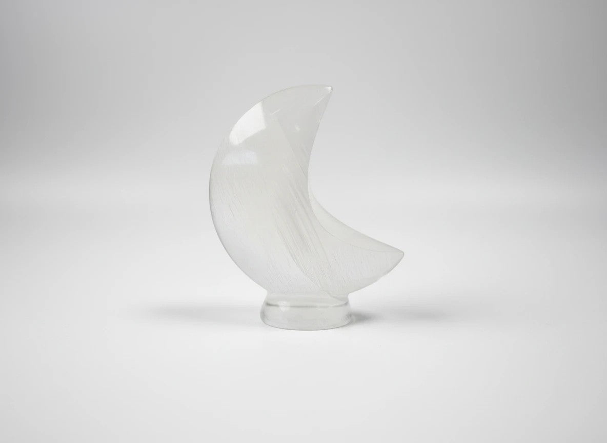 Treasured Energies hand carved white selenite crescent moon crystal sculpture for spiritual decor and energy cleansing