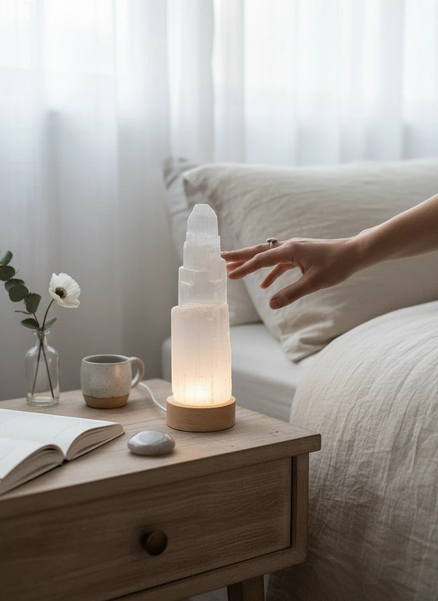 Treasured Energies small selenite tower lamp with LED base glowing on a wooden nightstand in a serene bedroom setting