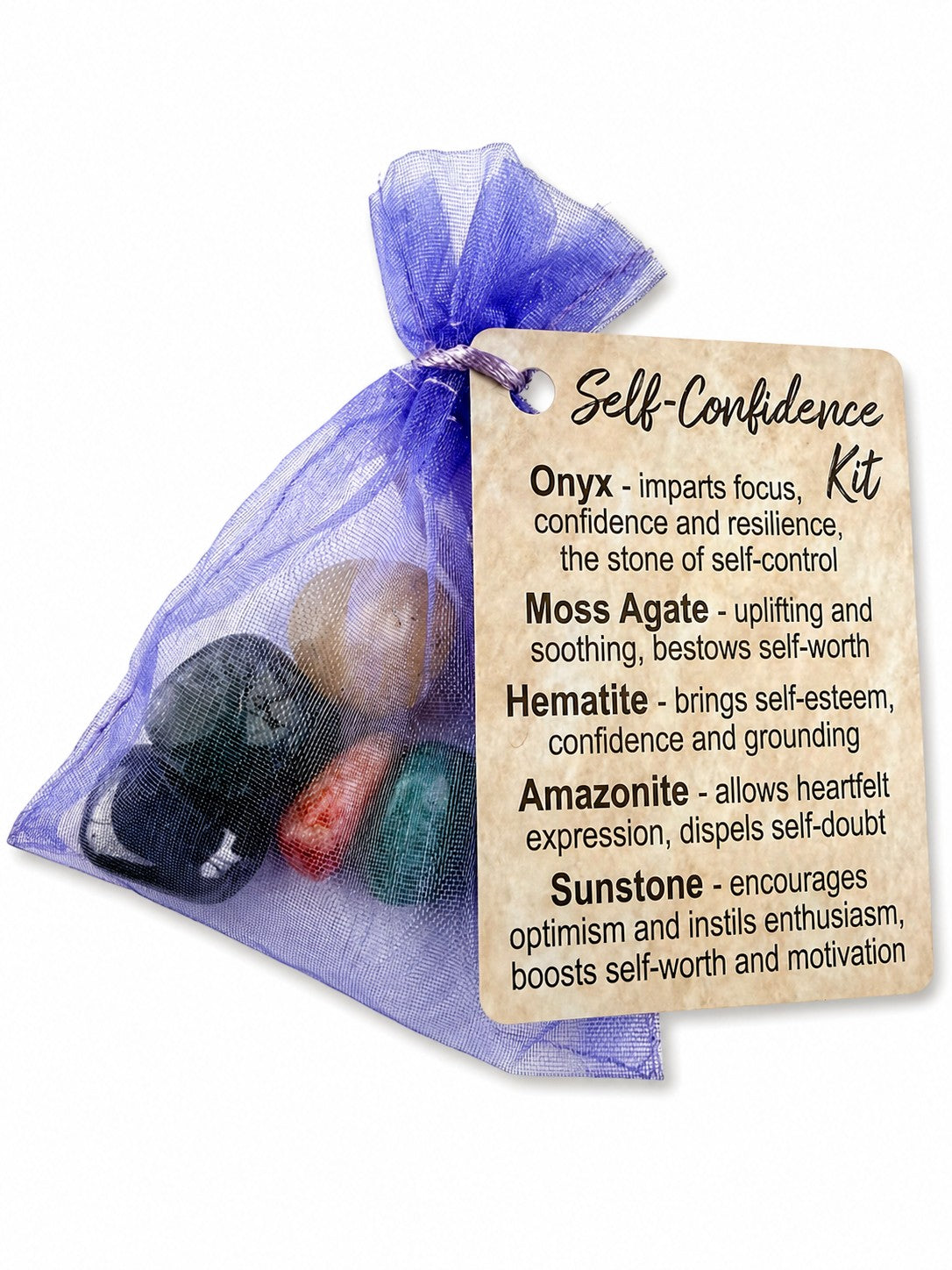 Treasured Energies Self-Confidence crystal healing kit with tumbled stones in a purple organza pouch and info tag.