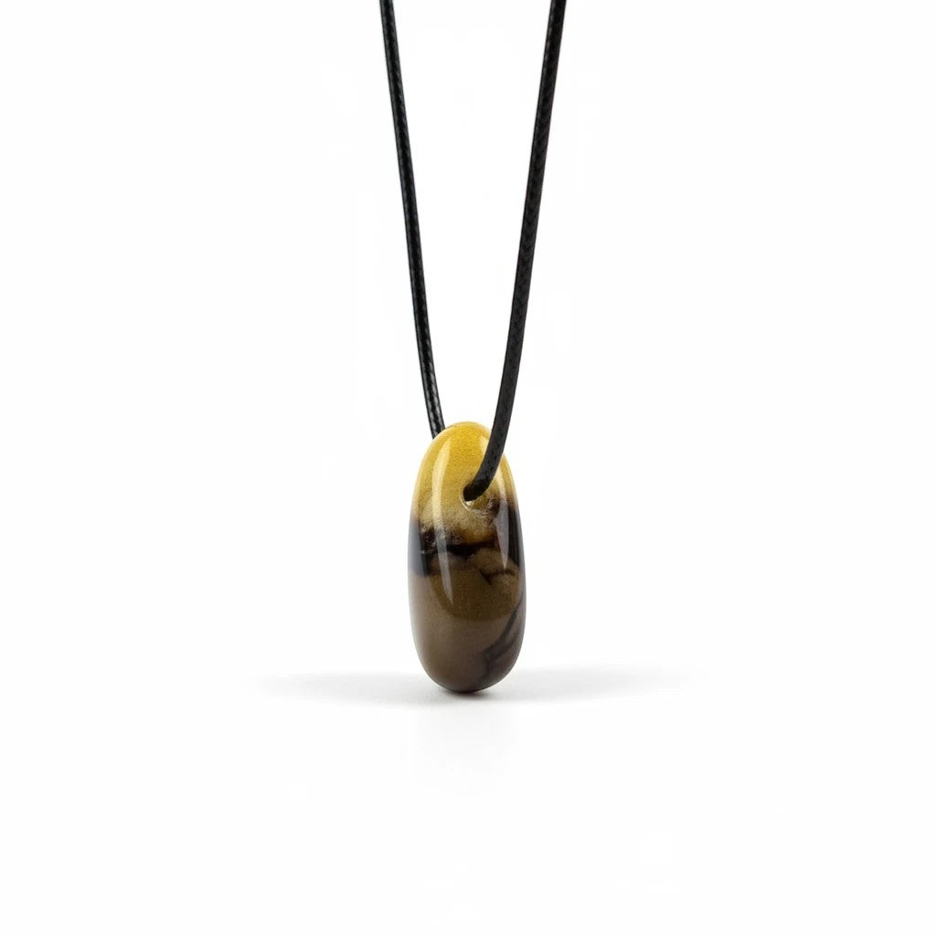 Treasured Energies Septarian crystal pendant necklace featuring brown aragonite and yellow calcite on a black cord