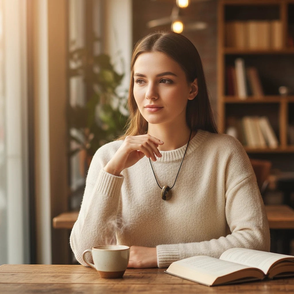 A woman wearing a Treasured Energies polished natural Septarian pendant necklace while sitting in a cozy cafe.