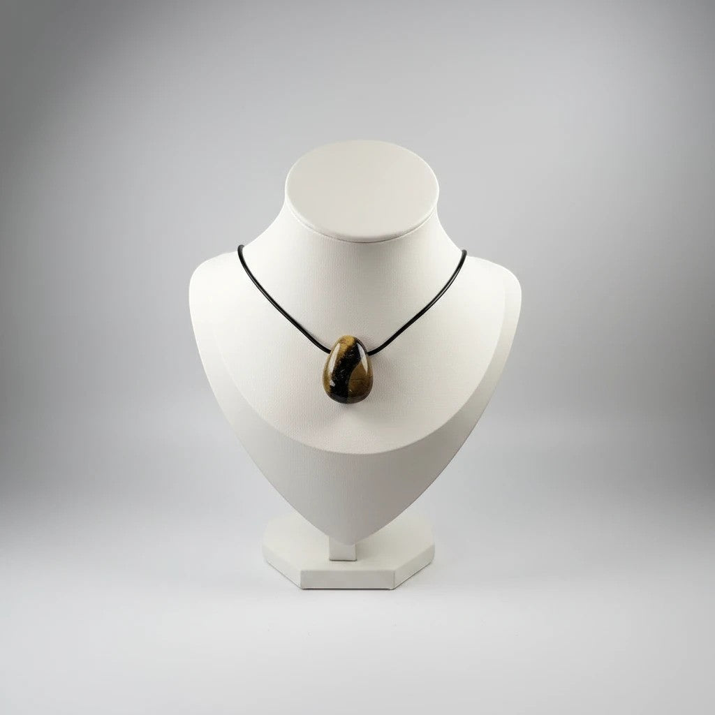 Treasured Energies polished Septarian stone pendant necklace featuring brown and yellow geometric patterns on a black cord.