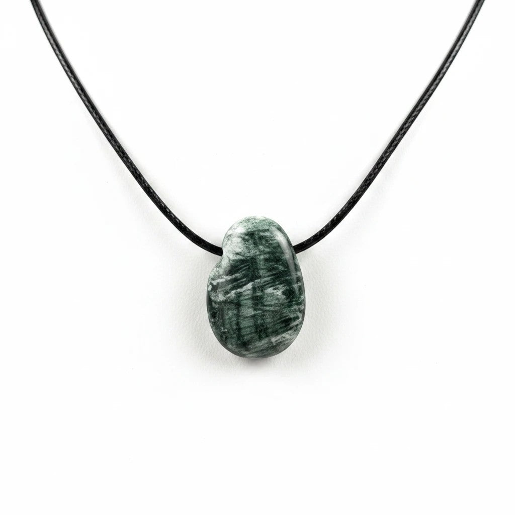 Treasured Energies seraphinite crystal pendant on a black cord necklace featuring deep green and white feathered patterns