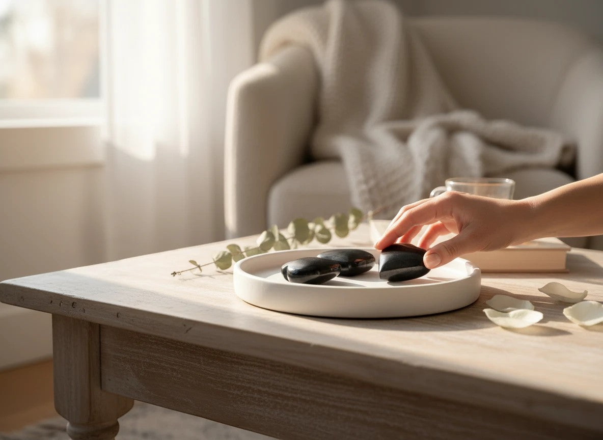 Treasured Energies polished black shungite heart stone held by a hand on a white tray in a sunlit room