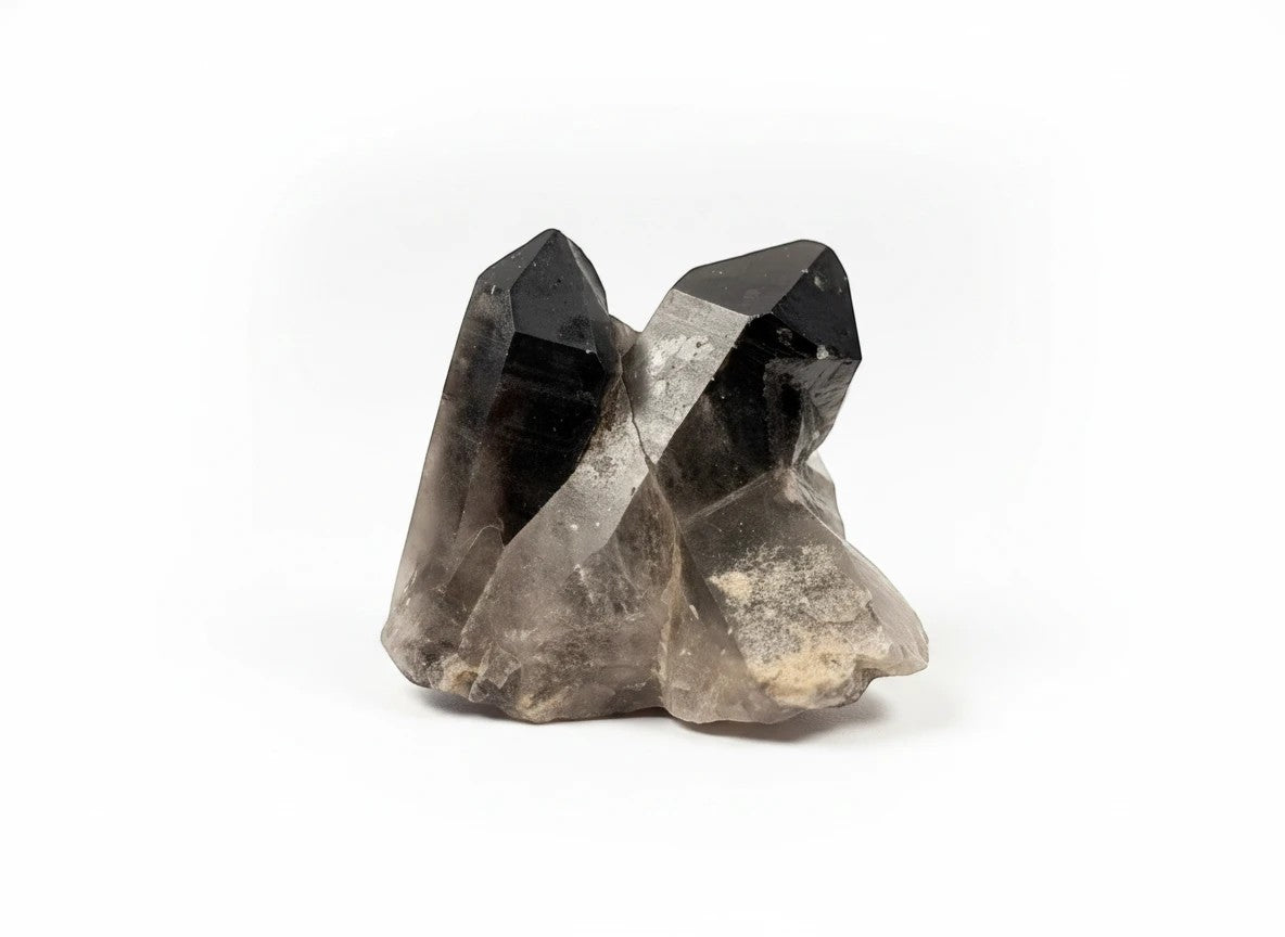 Treasured Energies raw smoky quartz crystal cluster with deep grey and brown points for grounding and protection
