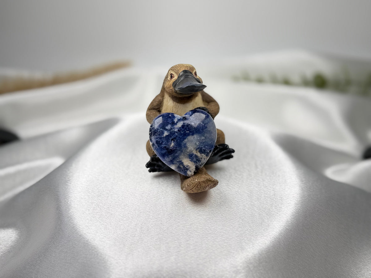Treasured Energies polished blue and white sodalite crystal heart held by a small platypus figurine on white fabric.