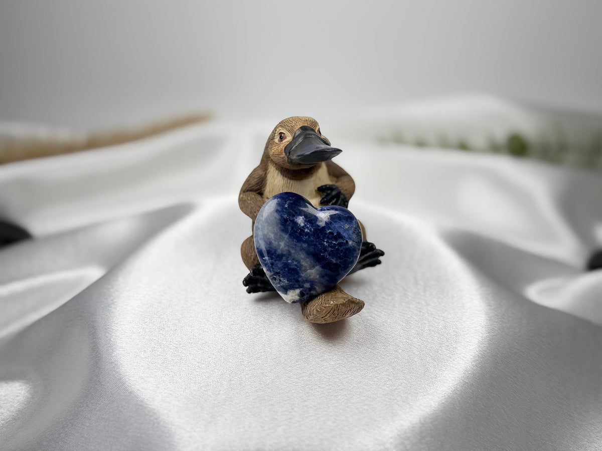 Treasured Energies polished blue Sodalite crystal heart held by a small platypus figurine on white satin fabric