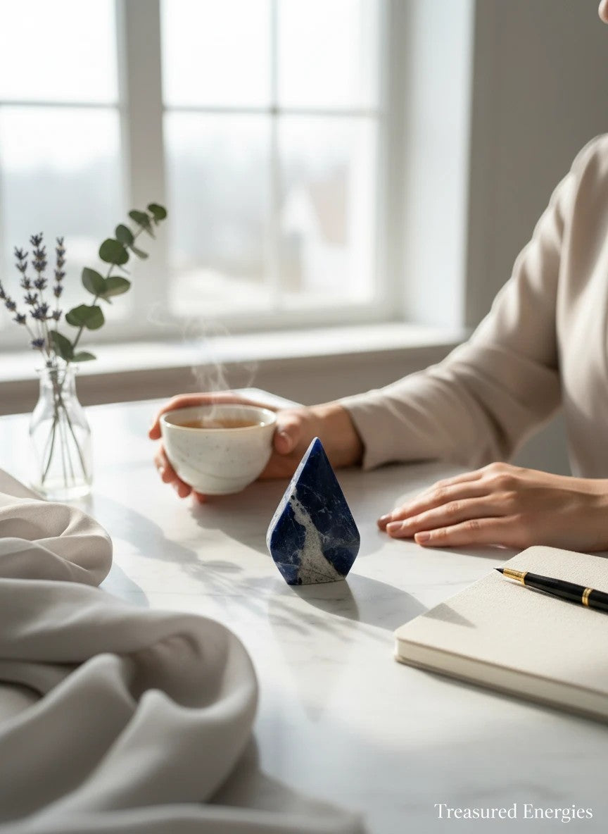 Treasured Energies polished royal blue Sodalite crystal flame crystal sculpture on a desk with a cup of tea and notebook.