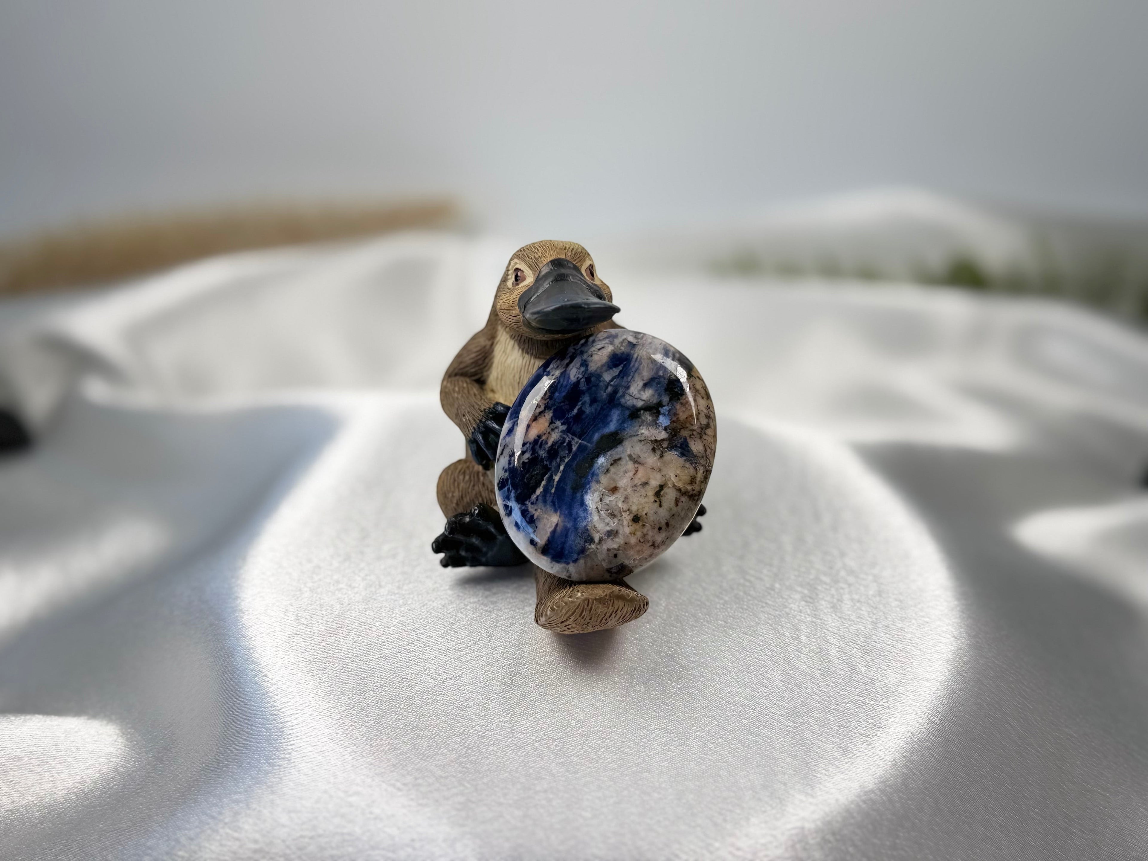 Treasured Energies Sodalite worry stone with deep blue and white mineral patterns held by a small platypus figurine.