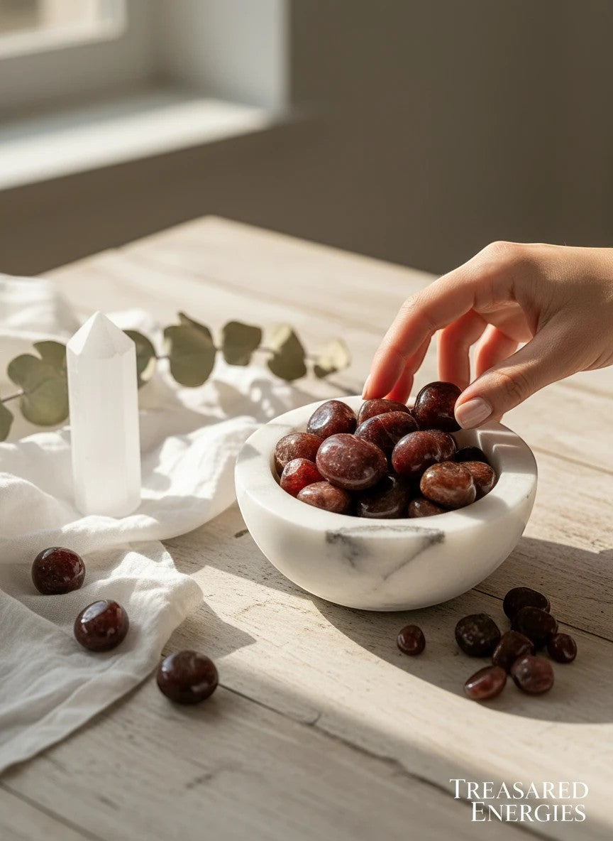 Treasured Energies polished strawberry quartz tumbled stones in a white marble bowl on a wooden table with a crystal point