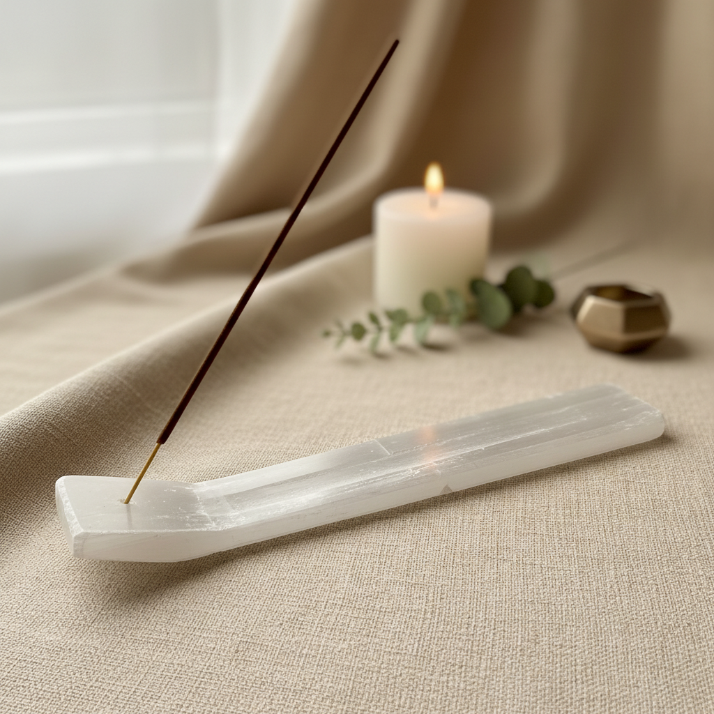 Selenite incense holder styled on warm linen with eucalyptus and candlelight