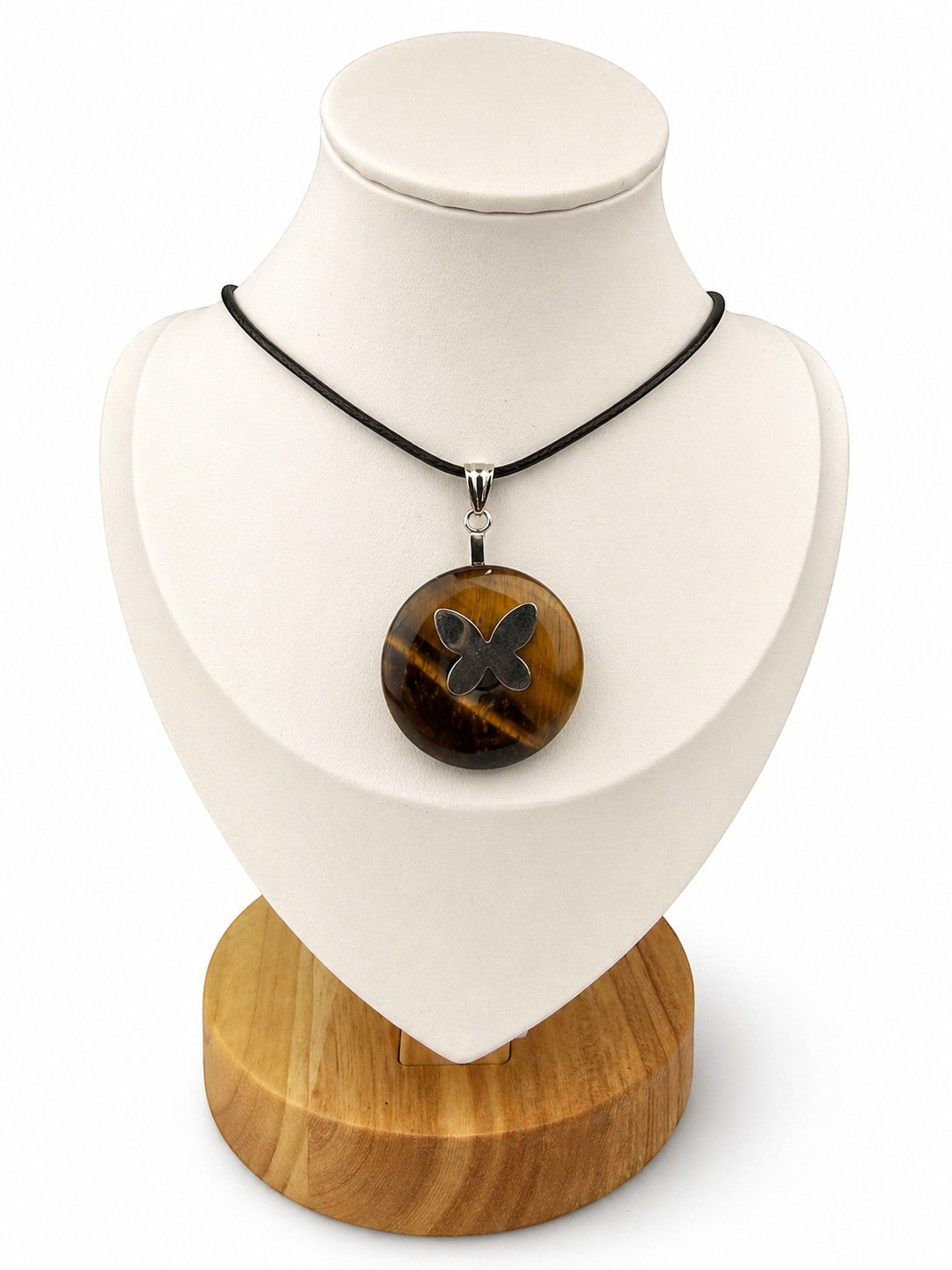 Treasured Energies Tiger Eye donut ring pendant necklace featuring a silver butterfly charm on a black cord