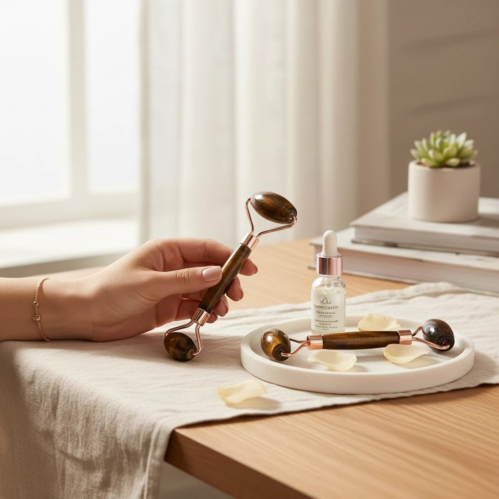 Treasured Energies Tigers Eye facial massage roller with rose gold hardware on a table with a serum bottle and petals.