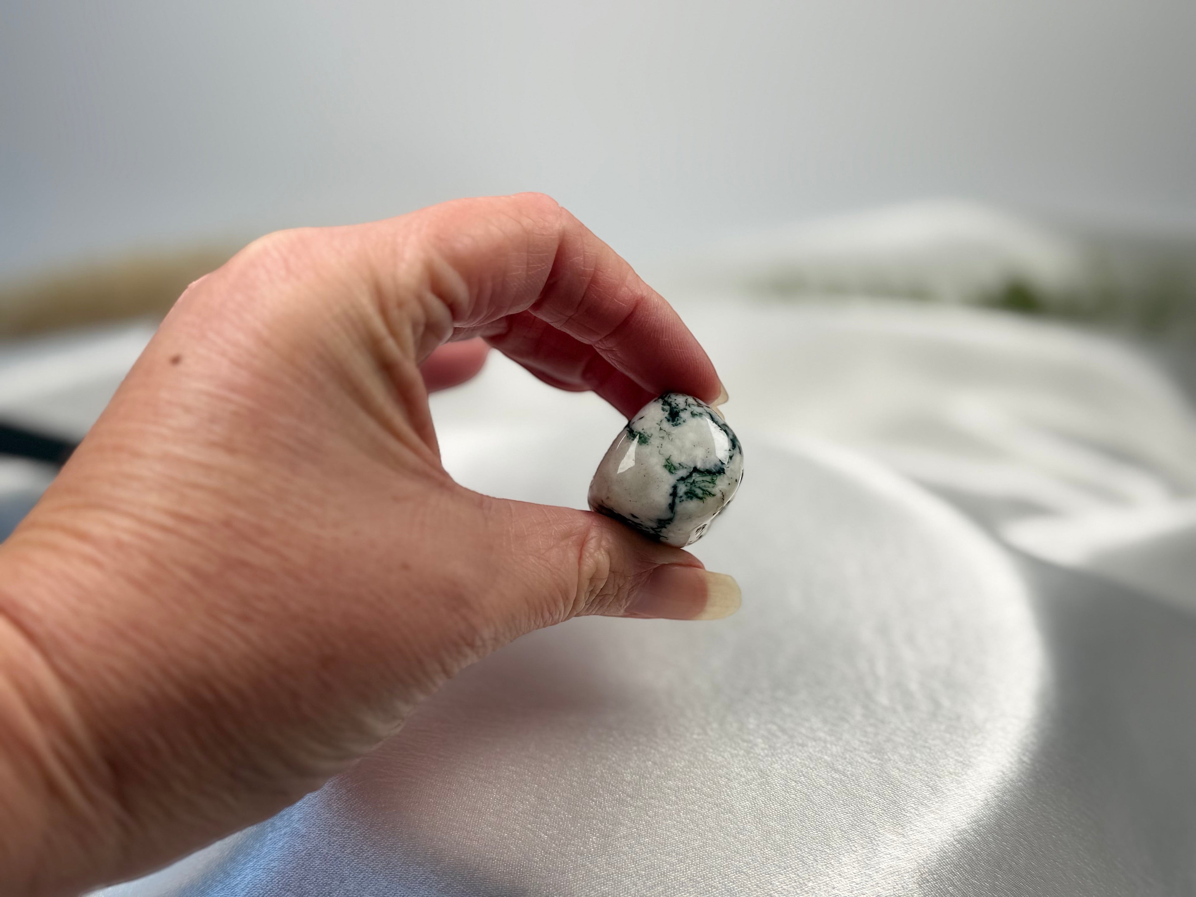 Treasured Energies polished tree agate tumbled stone held in hand showing white base with dark green dendritic patterns