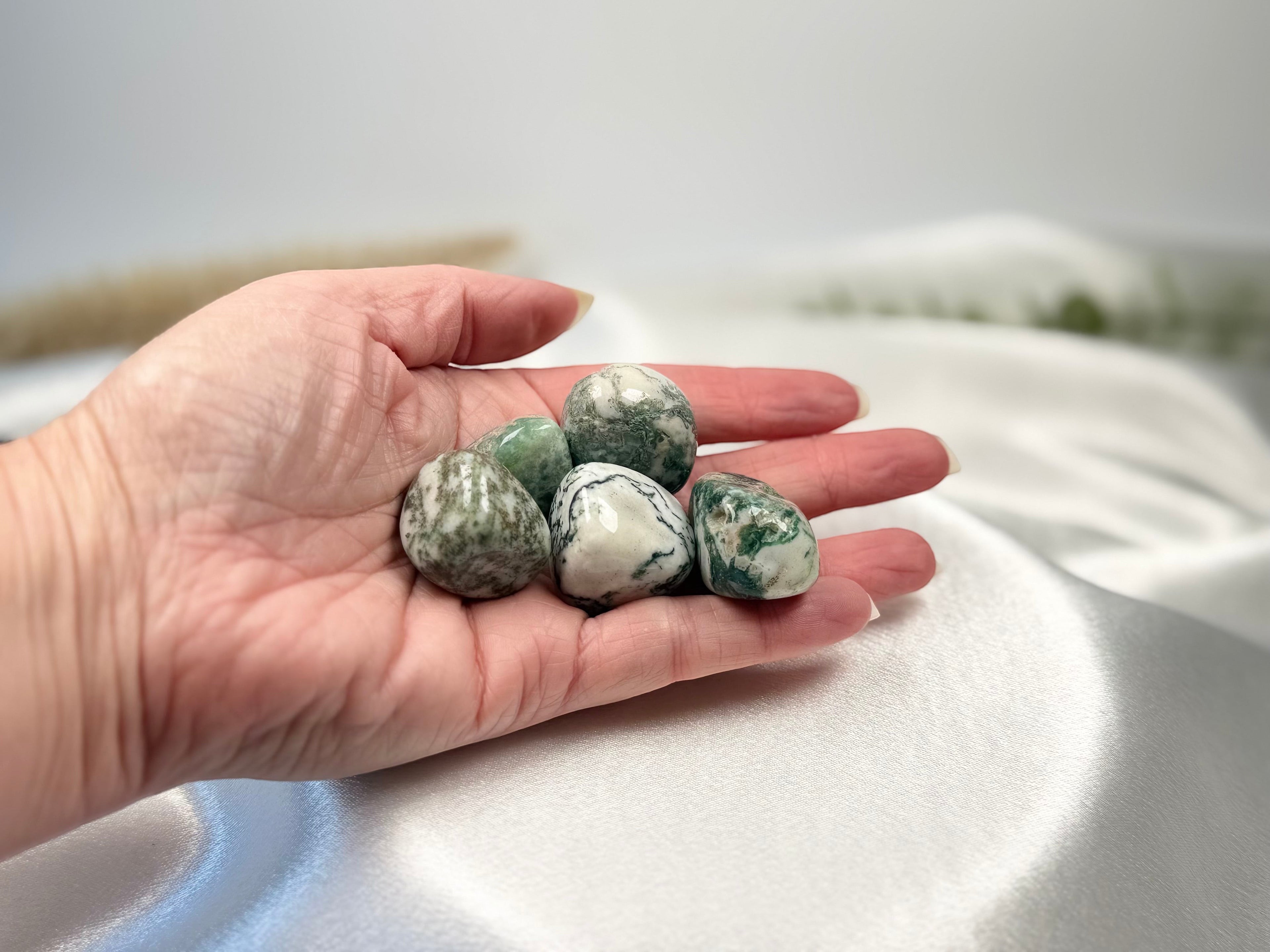 Treasured Energies tumbled Tree Agate stones with green dendritic patterns held in a palm against a white silk cloth.