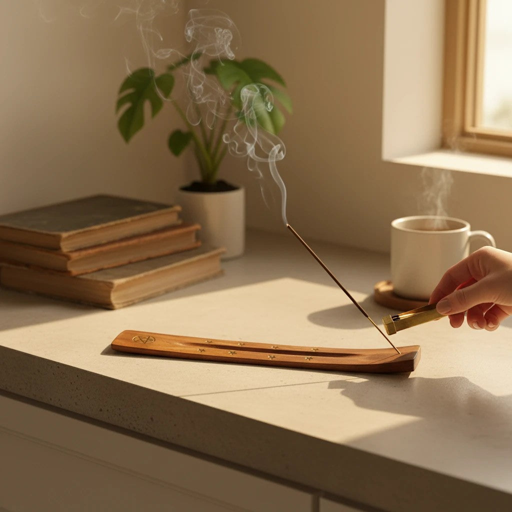 Treasured Energies wooden incense holder with star engravings and a burning incense stick on a sunlit table