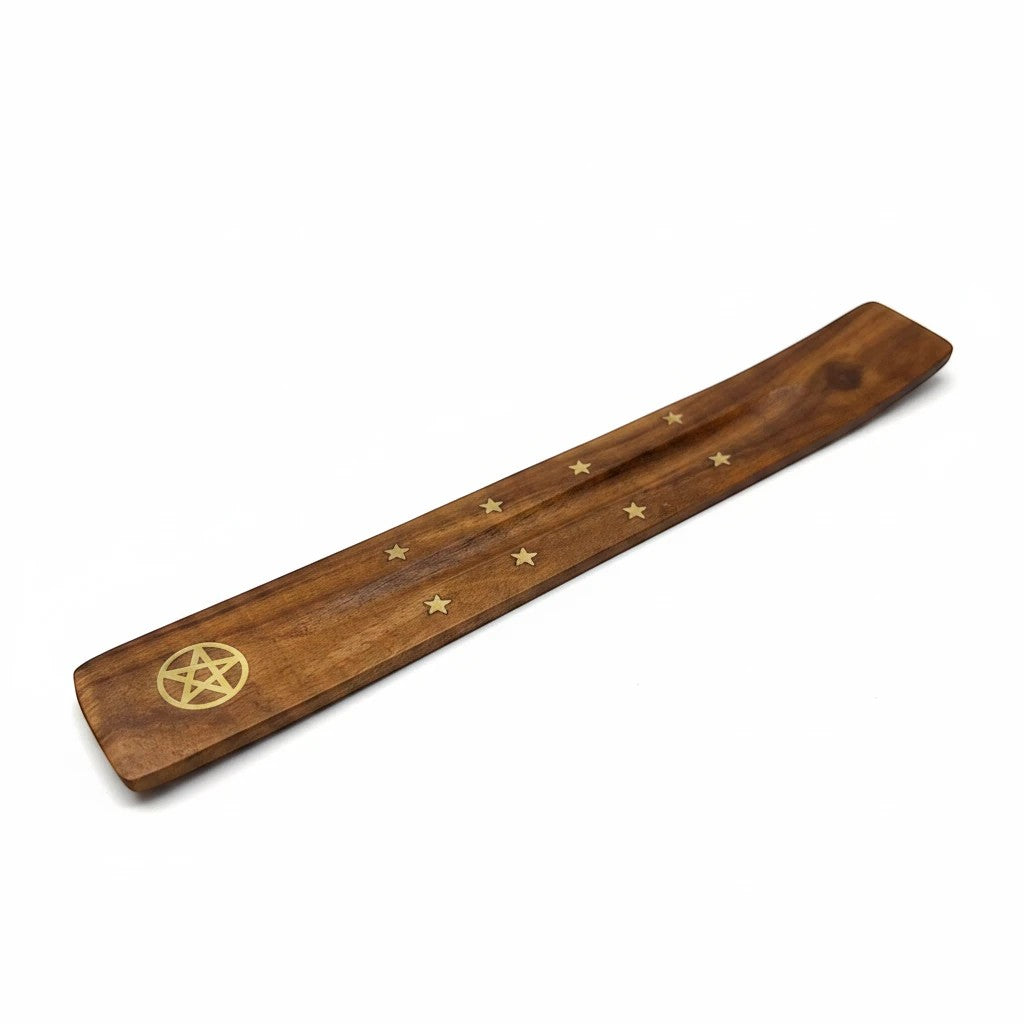 Treasured Energies wooden incense holder featuring a brass pentagram and star inlay on a long, curved tray.