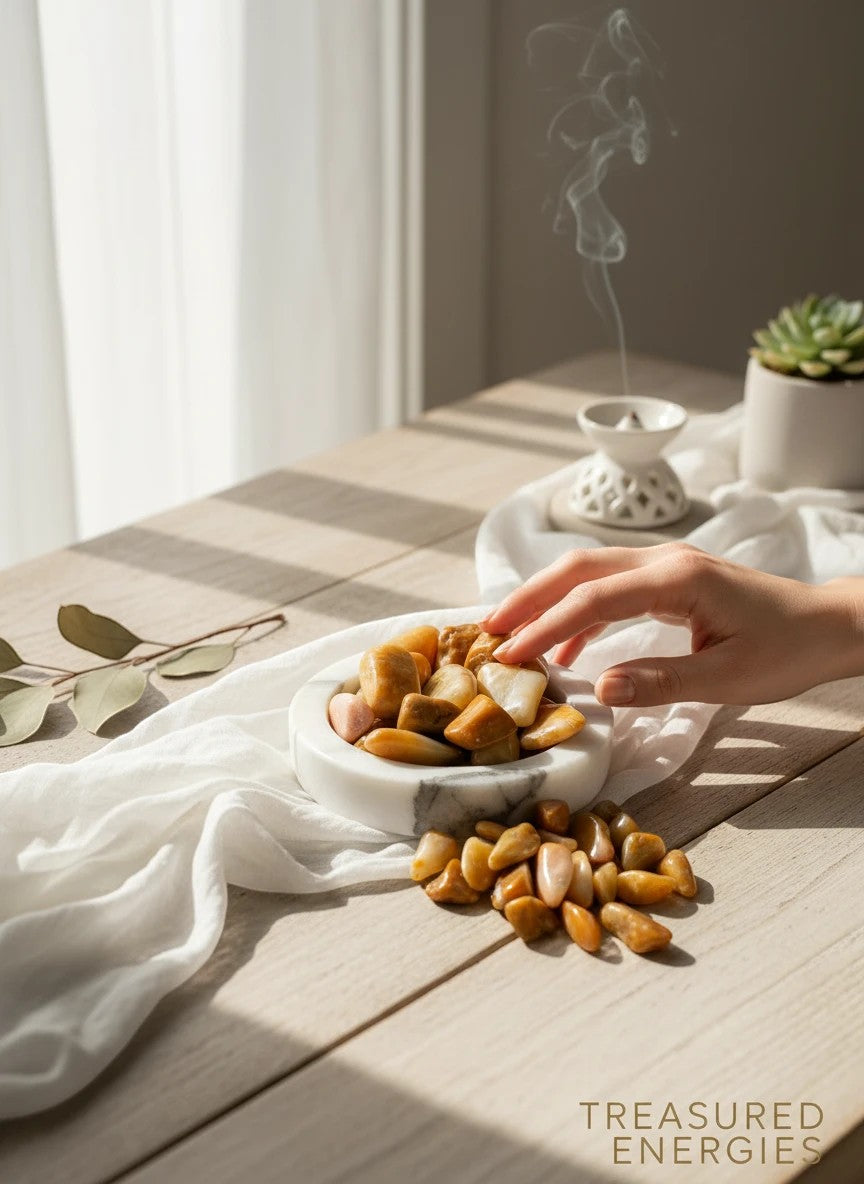 Treasured Energies yellow aventurine tumbled stones in a marble bowl on a sunlit table with incense smoke