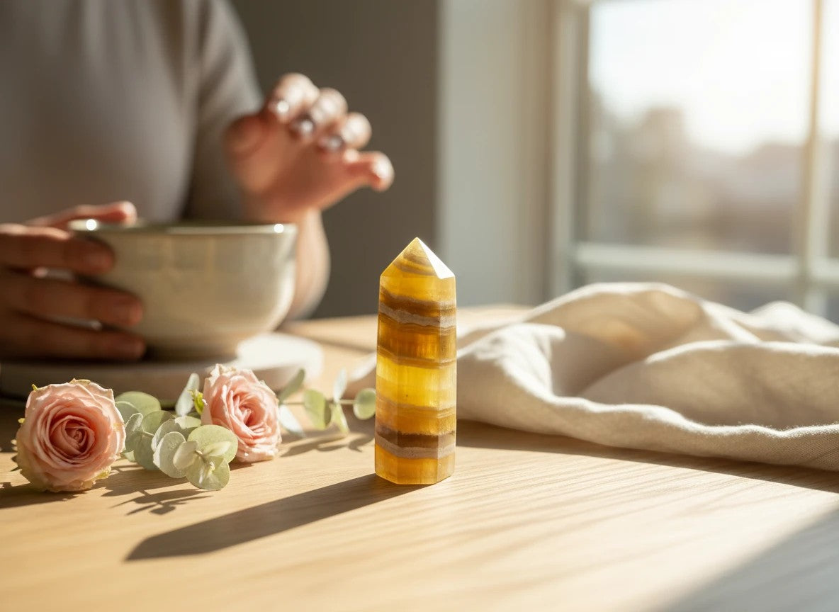 Treasured Energies yellow fluorite crystal tower on a wooden table with soft roses and sunlight in the background.