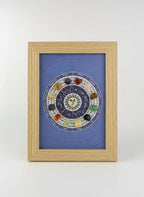 Treasured Energies framed zodiac crystal wheel wall art featuring a sun and moon illustration with 12 healing stones.