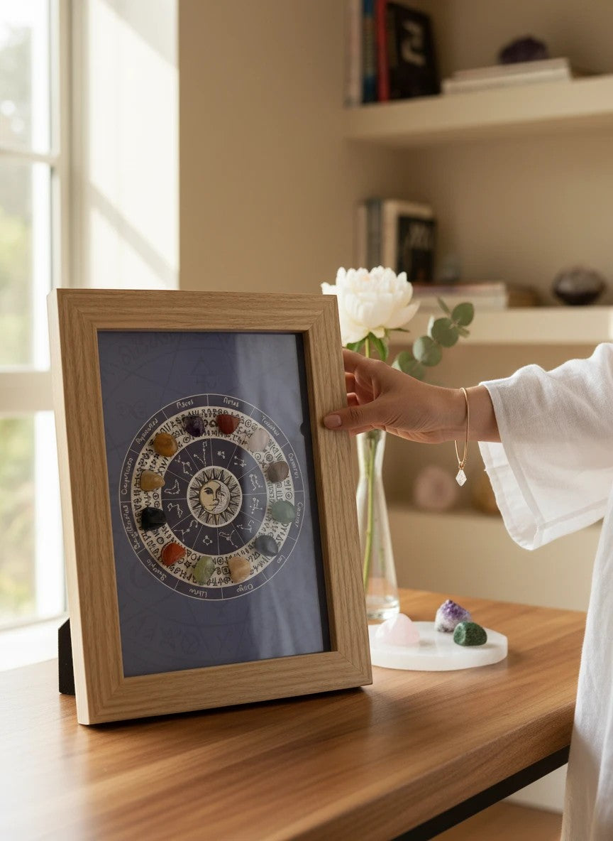 Treasured Energies framed zodiac crystal wheel wall art with assorted healing stones on a wooden desk