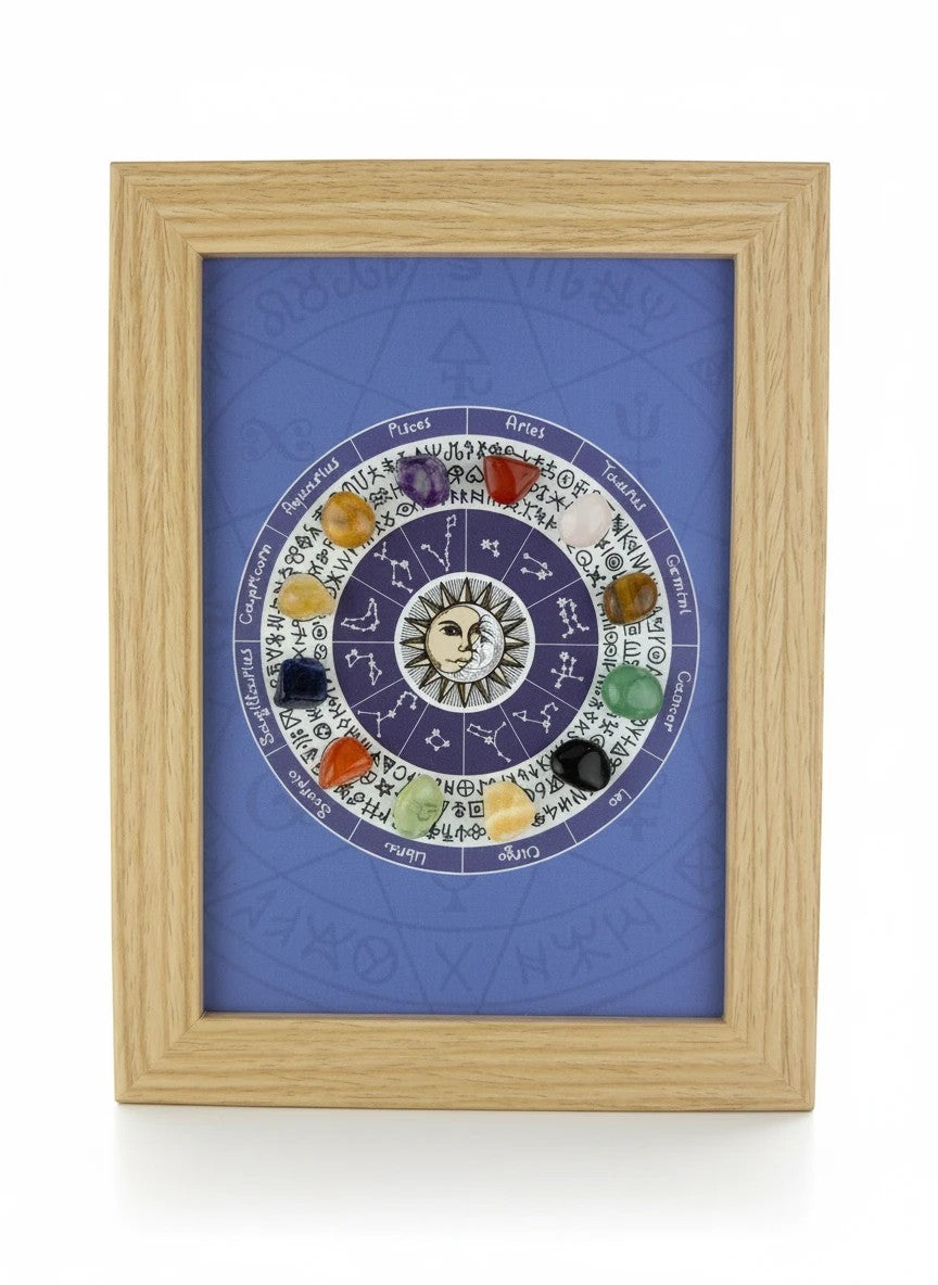 Treasured Energies framed zodiac crystal wheel wall art featuring a blue astrological chart with 12 healing stones.