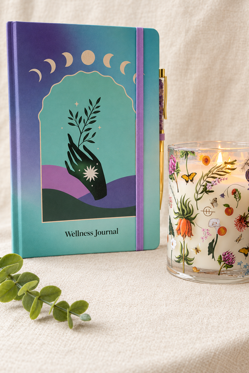 Teal and purple Wellness Journal with gold-tone crystal-filled pen