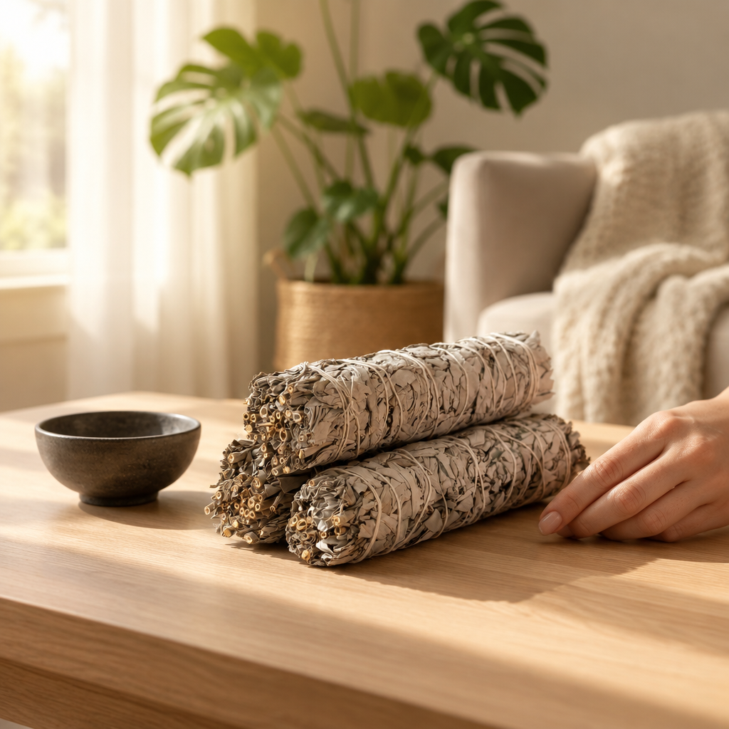 White sage bundles in a warm sunlit living-room setting