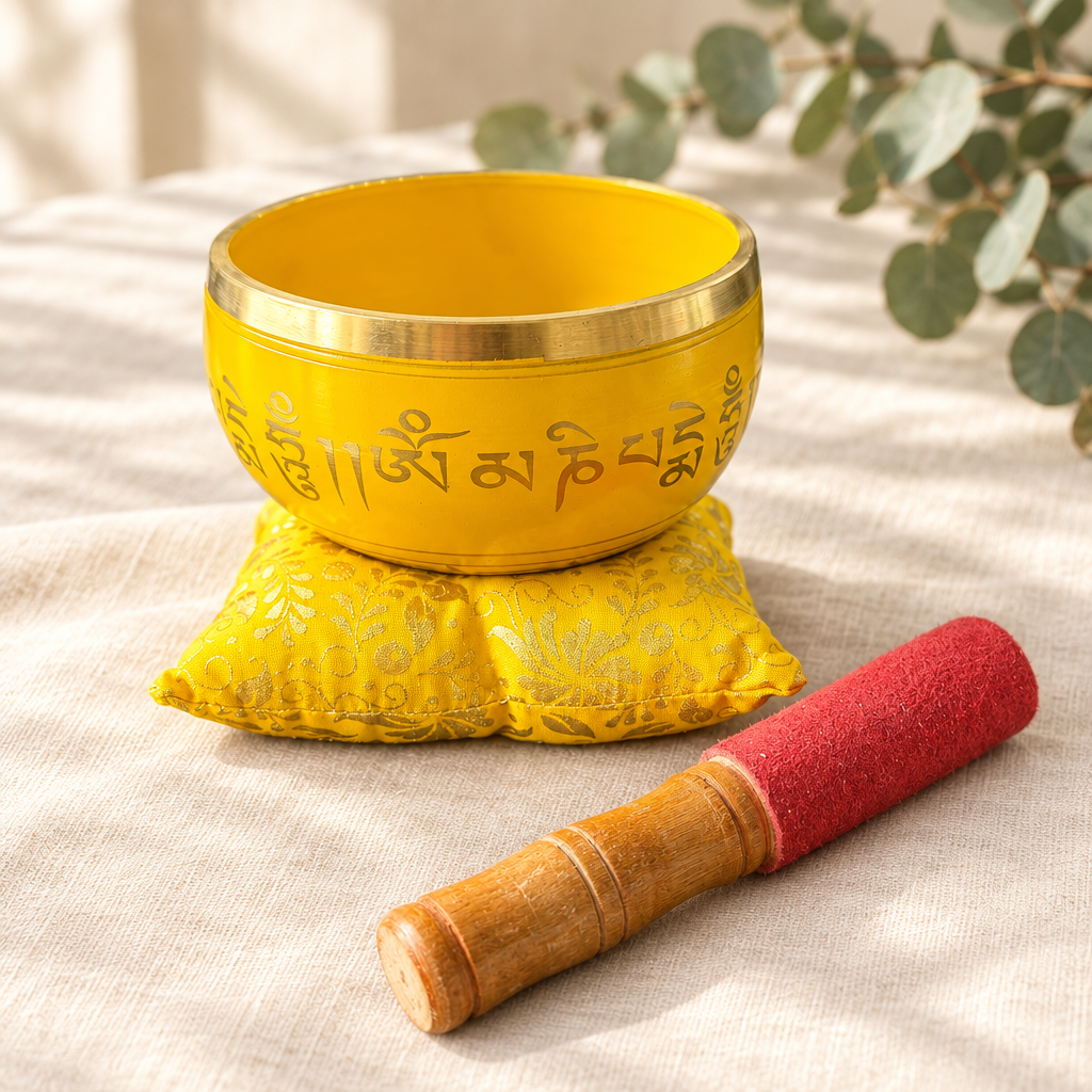 Yellow singing bowl set on ivory linen